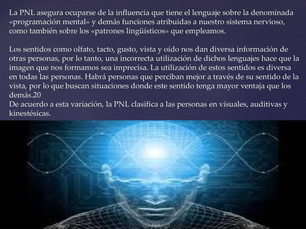 La PNL asegura ocuparse de la influencia que tiene el lenguaje sobre la denominada «programación mental» y demás funciones atribuidas a nuestro sistema nervioso, como también sobre los «patrones lingüísticos» que empleamos.