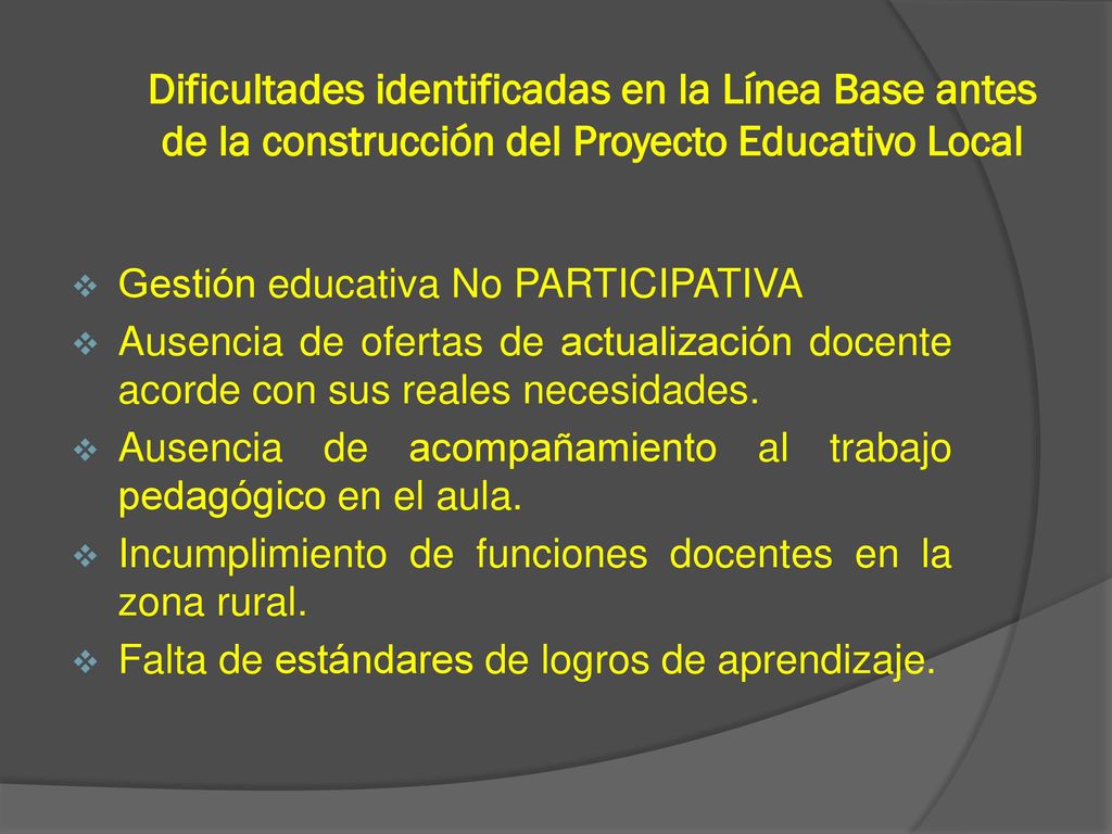 Dificultades identificadas en la Línea Base antes de la construcción del Proyecto Educativo Local