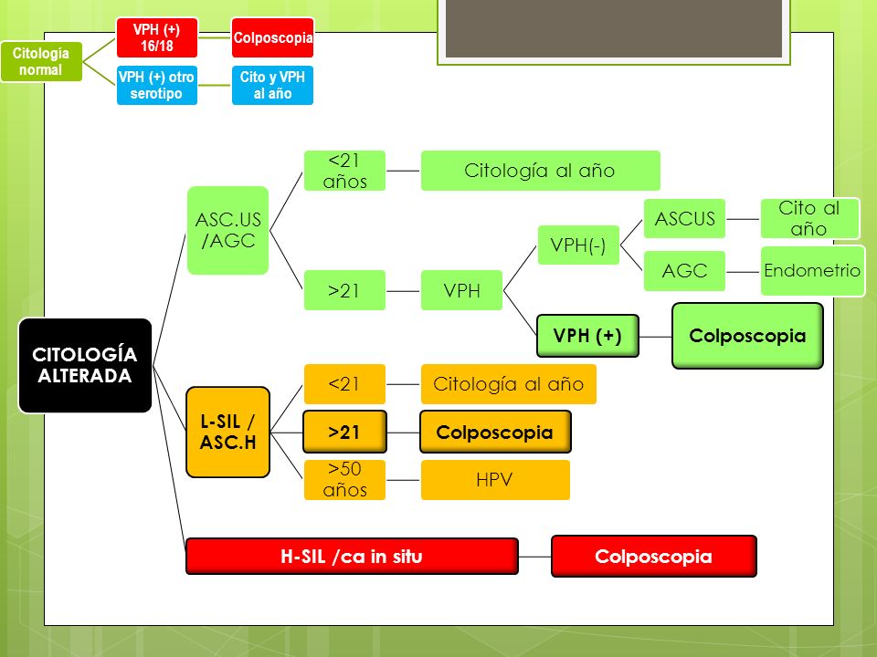 CITOLOGÍA ALTERADA VPH (+) Colposcopia L-SIL / ASC.H H-SIL /ca in situ