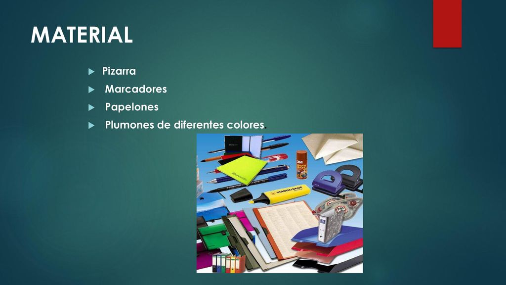 MATERIAL Pizarra Marcadores Papelones Plumones de diferentes colores.