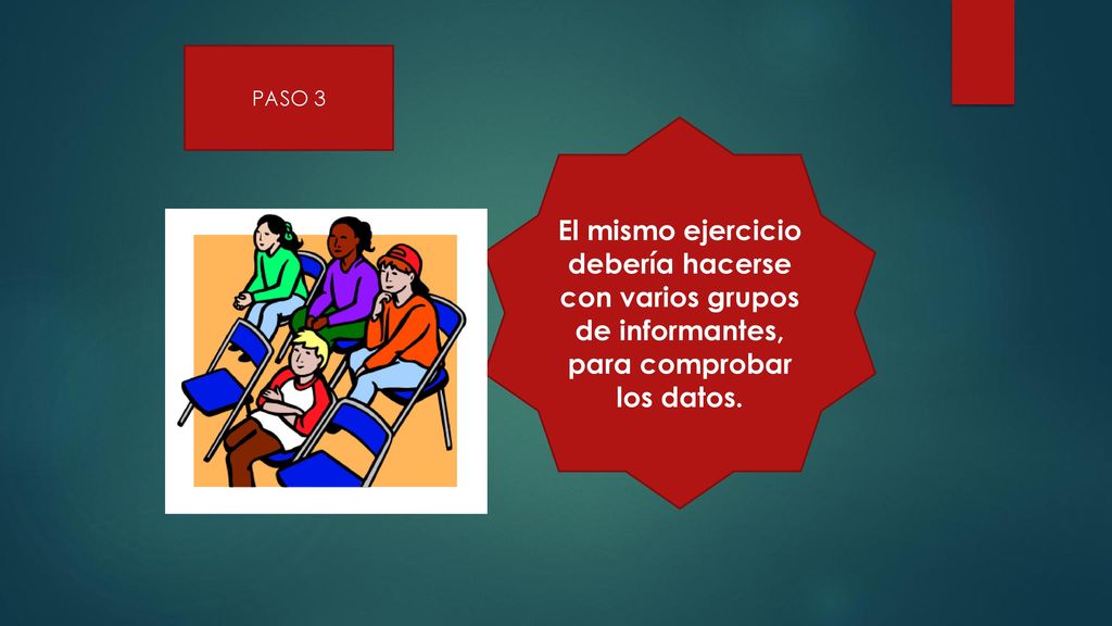 PASO 3 El mismo ejercicio debería hacerse con varios grupos de informantes, para comprobar los datos.