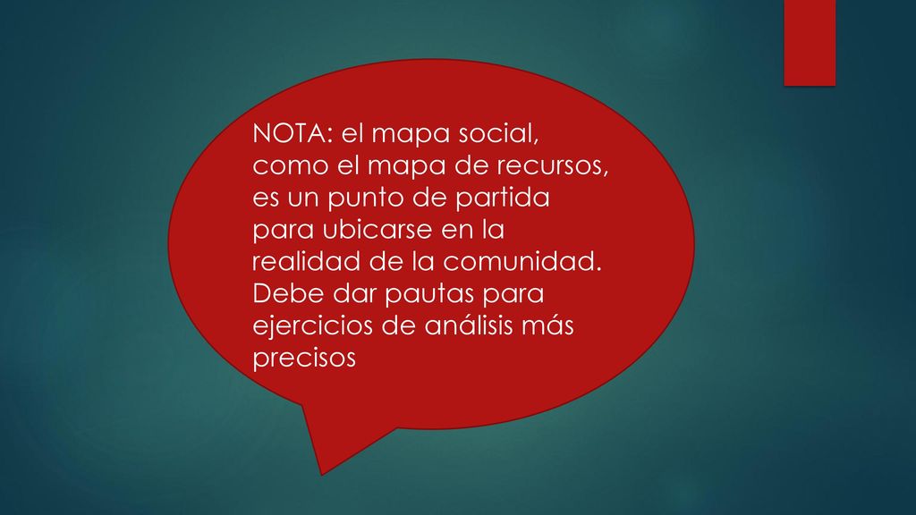 NOTA: el mapa social, como el mapa de recursos, es un punto de partida para ubicarse en la realidad de la comunidad.