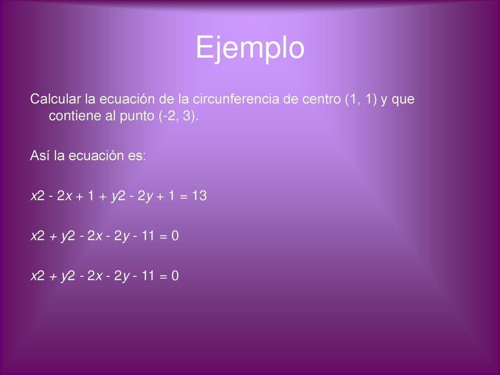Ejemplo Calcular la ecuación de la circunferencia de centro (1, 1) y que contiene al punto (-2, 3).