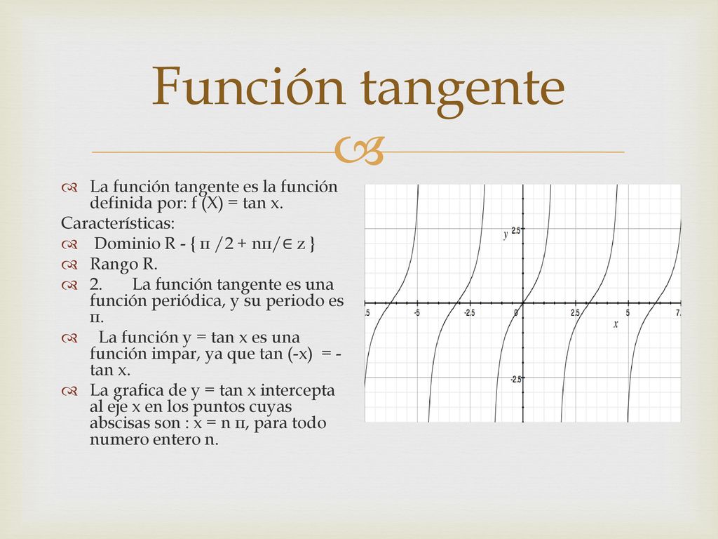 Función tangente La función tangente es la función definida por: f (X) = tan x. Características: Dominio R - { π /2 + nπ/∈ z }