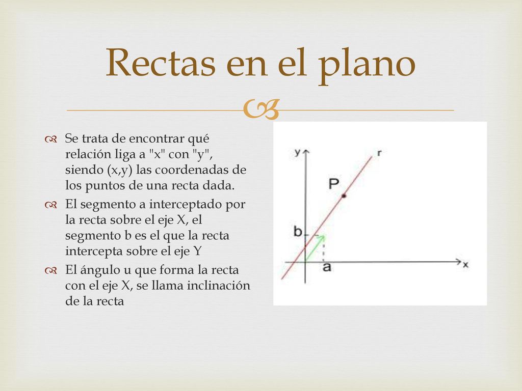 Rectas en el plano Se trata de encontrar qué relación liga a x con y , siendo (x,y) las coordenadas de los puntos de una recta dada.