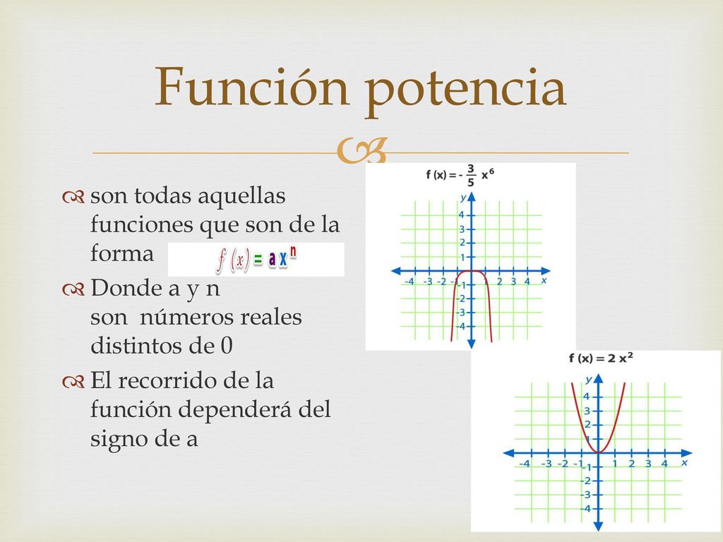 Función potencia son todas aquellas funciones que son de la forma