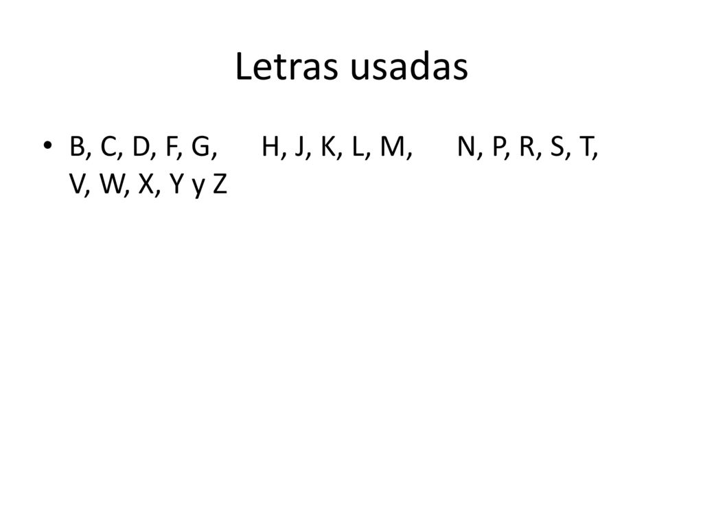 Letras usadas B, C, D, F, G, H, J, K, L, M, N, P, R, S, T, V, W, X, Y y Z