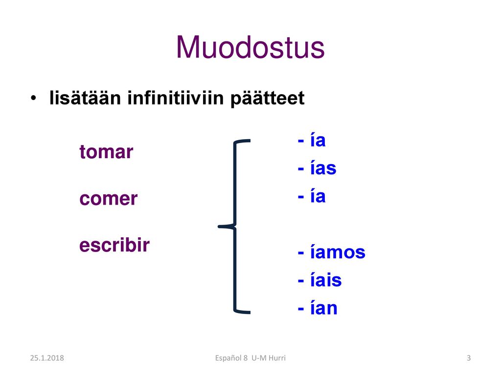 Muodostus lisätään infinitiiviin päätteet - ía - ías tomar comer