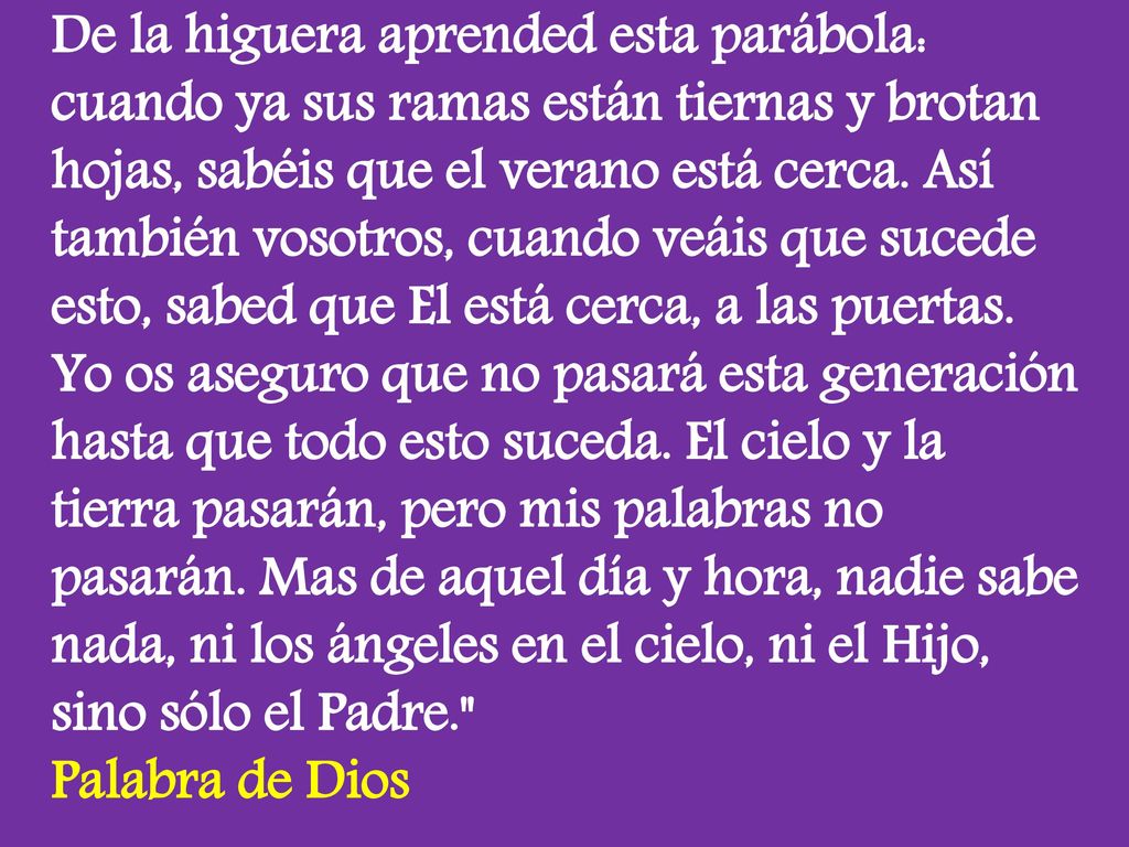 De la higuera aprended esta parábola: cuando ya sus ramas están tiernas y brotan hojas, sabéis que el verano está cerca.