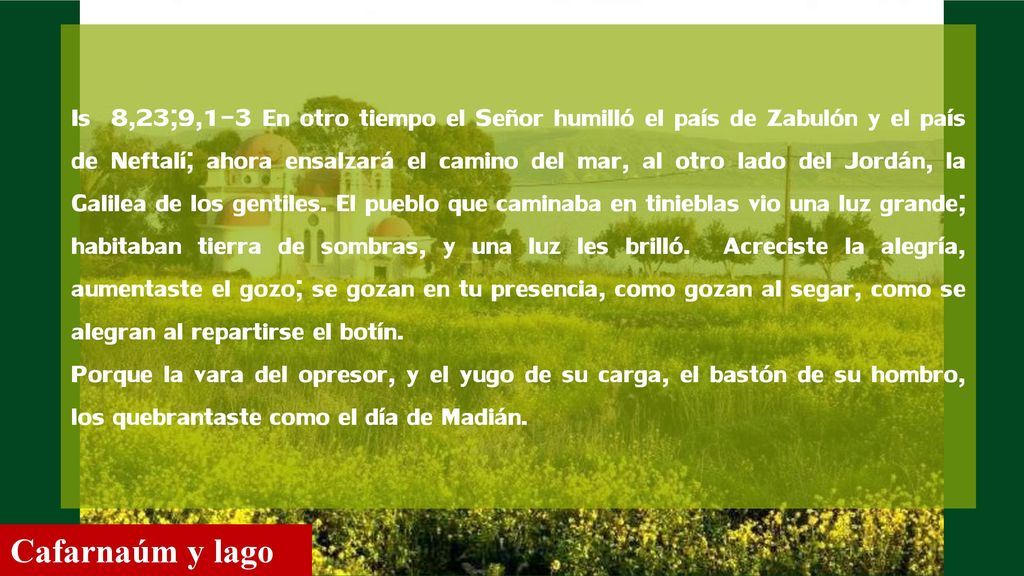 Is 8,23;9,1-3 En otro tiempo el Señor humilló el país de Zabulón y el país de Neftalí; ahora ensalzará el camino del mar, al otro lado del Jordán, la Galilea de los gentiles. El pueblo que caminaba en tinieblas vio una luz grande; habitaban tierra de sombras, y una luz les brilló. Acreciste la alegría, aumentaste el gozo; se gozan en tu presencia, como gozan al segar, como se alegran al repartirse el botín.