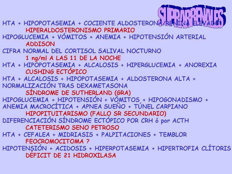 SUPRARRENALES HTA + HIPOPOTASEMIA + COCIENTE ALDOSTERONA/RENINA ELEVADO. HIPERALDOSTERONISMO PRIMARIO.