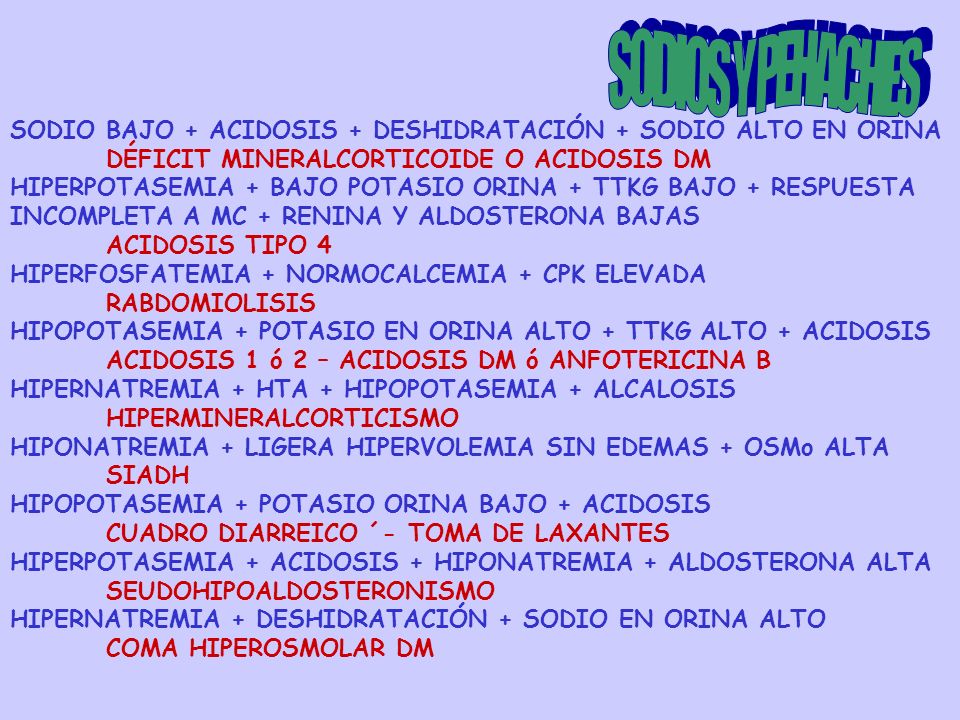 SODIOS Y PEHACHES SODIO BAJO + ACIDOSIS + DESHIDRATACIÓN + SODIO ALTO EN ORINA. DÉFICIT MINERALCORTICOIDE O ACIDOSIS DM.