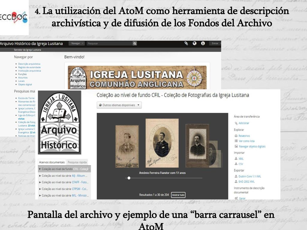 Pantalla del archivo y ejemplo de una barra carrausel en AtoM