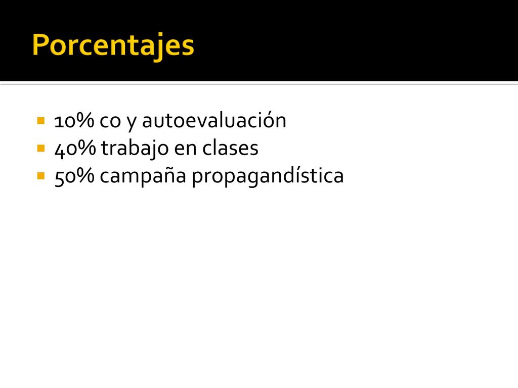 Porcentajes 10% co y autoevaluación 40% trabajo en clases