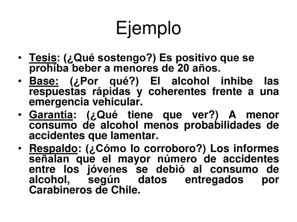 Ejemplo Tesis: (¿Qué sostengo ) Es positivo que se prohíba beber a menores de 20 años.