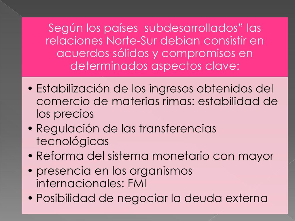 Según los países subdesarrollados las relaciones Norte-Sur debían consistir en acuerdos sólidos y compromisos en determinados aspectos clave: