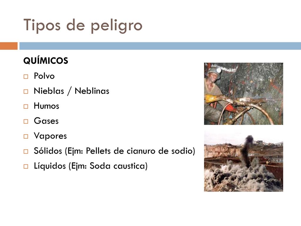 Tipos de peligro QUÍMICOS Polvo Nieblas / Neblinas Humos Gases Vapores