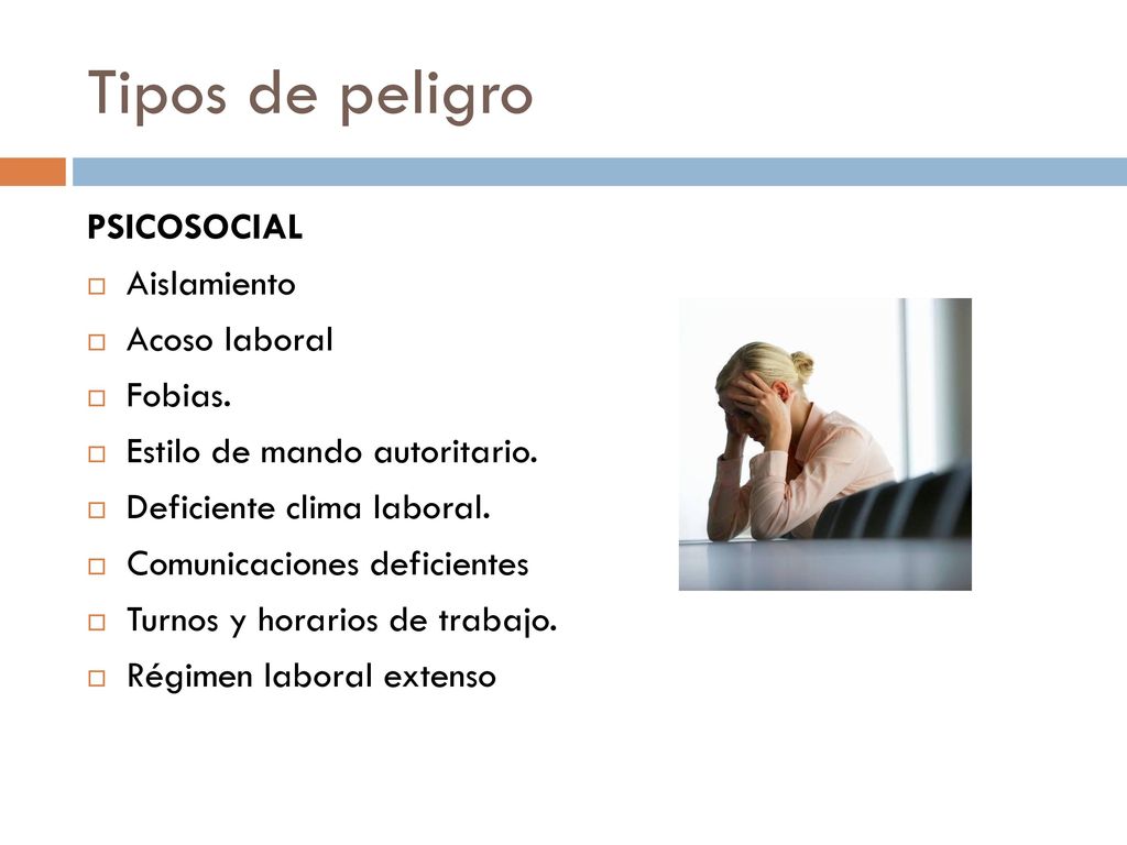 Tipos de peligro PSICOSOCIAL Aislamiento Acoso laboral Fobias.