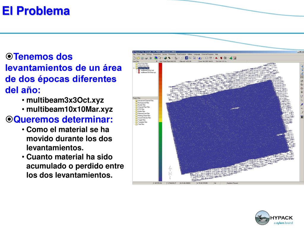 El Problema Tenemos dos levantamientos de un área de dos épocas diferentes del año: multibeam3x3Oct.xyz.