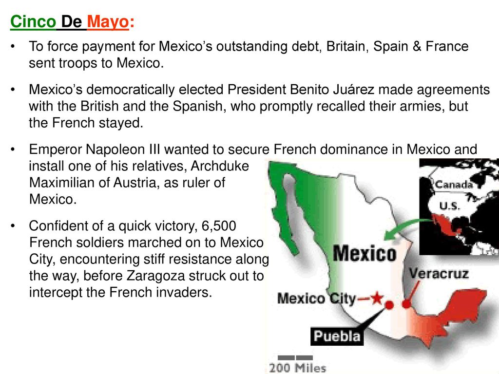 Cinco De Mayo: To force payment for Mexico’s outstanding debt, Britain, Spain & France sent troops to Mexico.