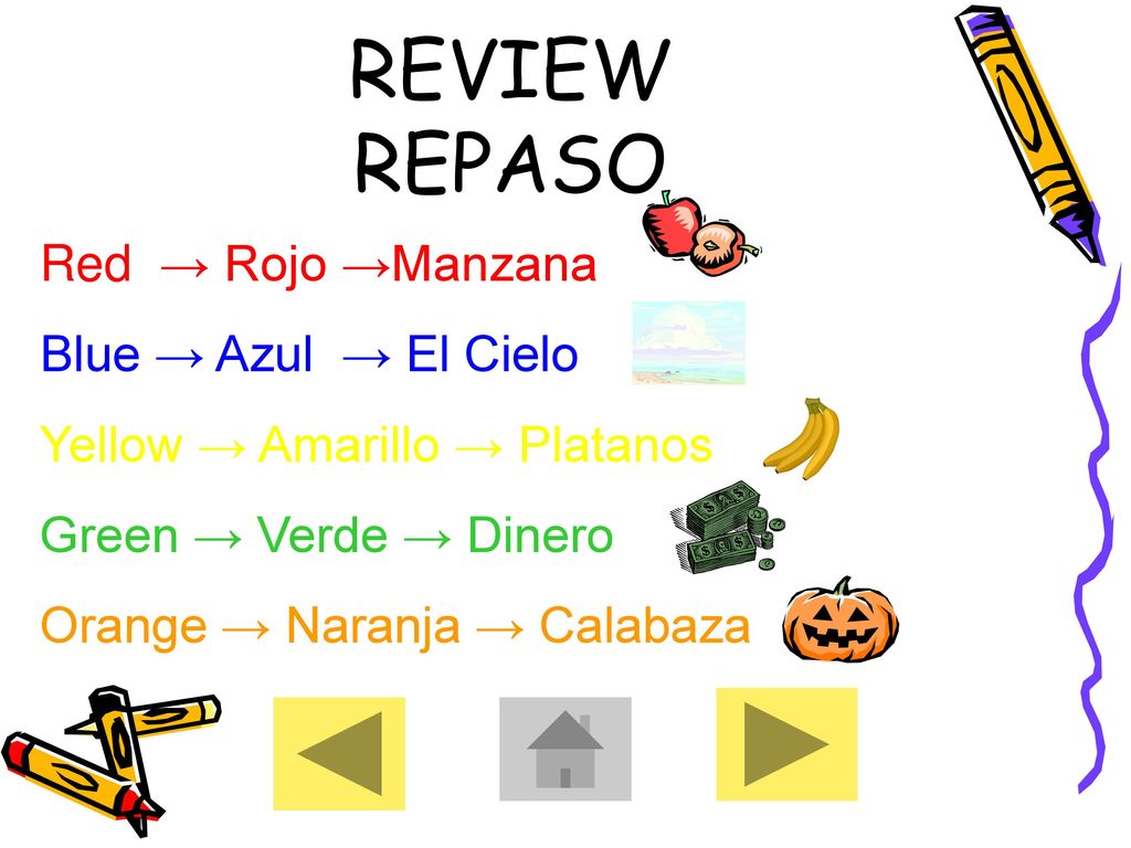 REVIEW REPASO Red → Rojo →Manzana Blue → Azul → El Cielo