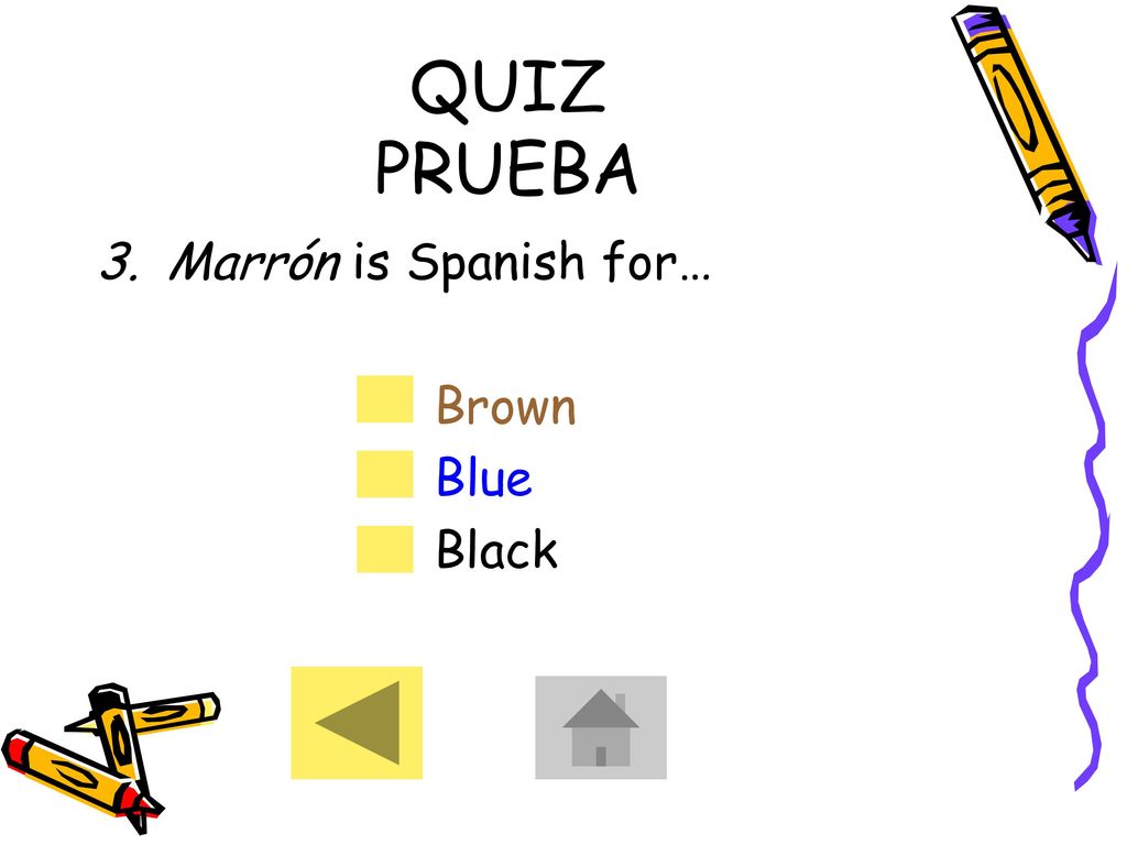 QUIZ PRUEBA Marrón is Spanish for… Brown Blue Black