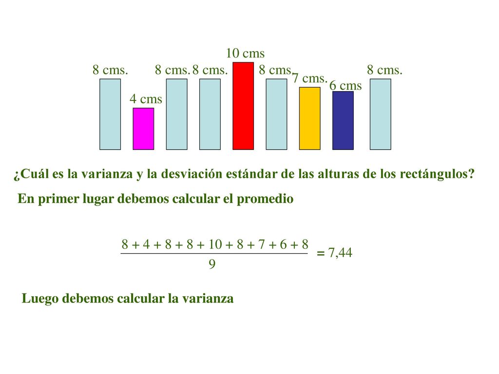 8 cms. 10 cms. 6 cms. 4 cms. 7 cms. ¿Cuál es la varianza y la desviación estándar de las alturas de los rectángulos