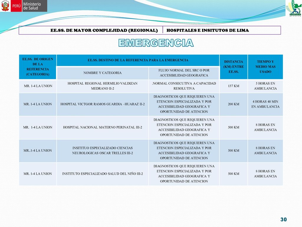EE.SS. DE MAYOR COMPLEJIDAD (REGIONAL) HOSPITALES E INSITUTOS DE LIMA