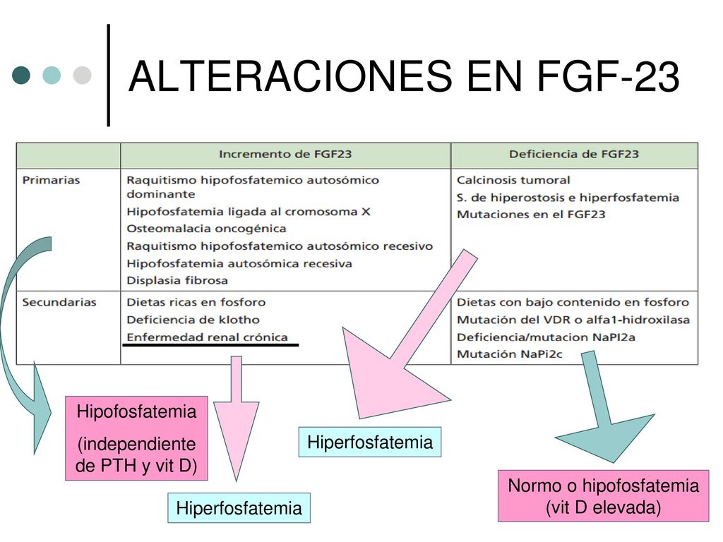 ALTERACIONES EN FGF-23 Hipofosfatemia (independiente de PTH y vit D)