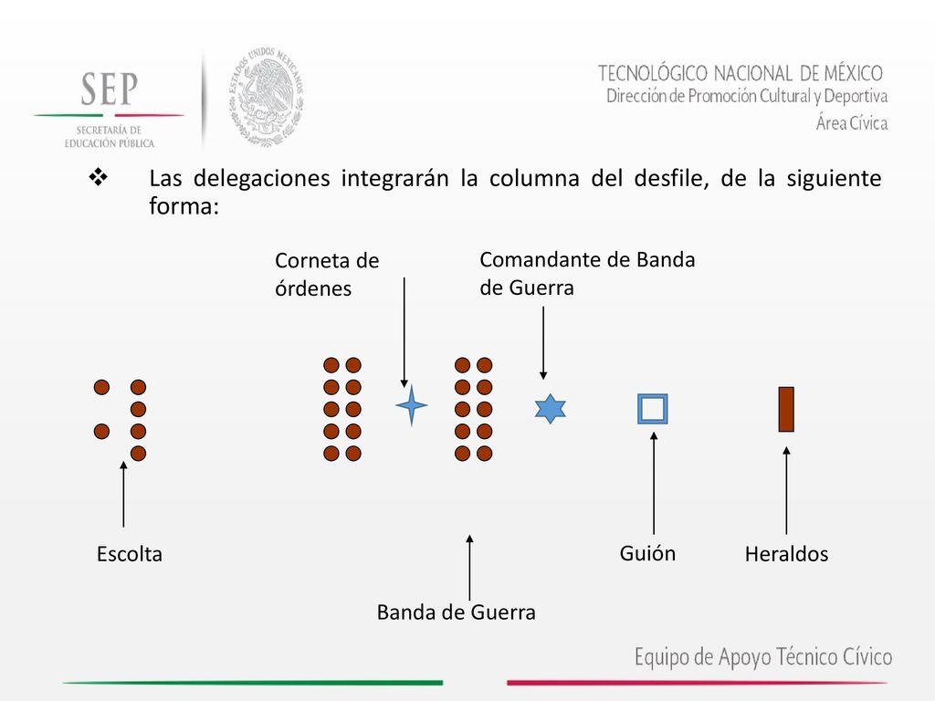 Las delegaciones integrarán la columna del desfile, de la siguiente forma: