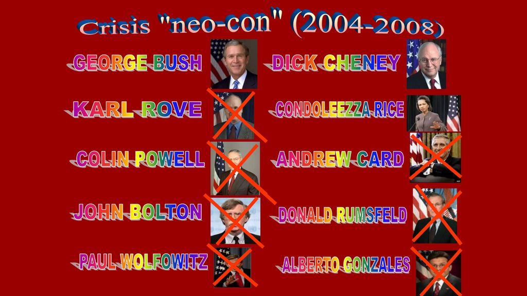 Crisis neo-con ( ) GEORGE BUSH. DICK CHENEY. KARL ROVE. CONDOLEEZZA RICE. COLIN POWELL.