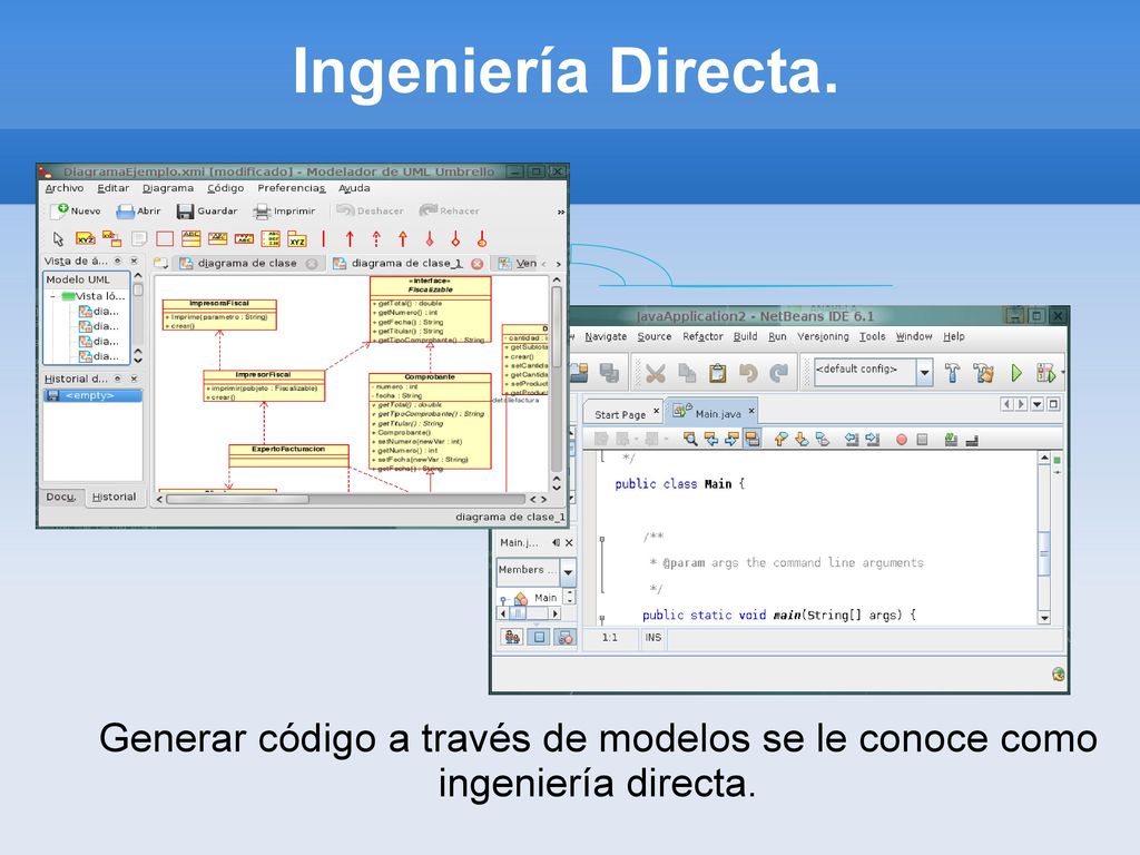 Ingeniería Directa. Generar código a través de modelos se le conoce como ingeniería directa.