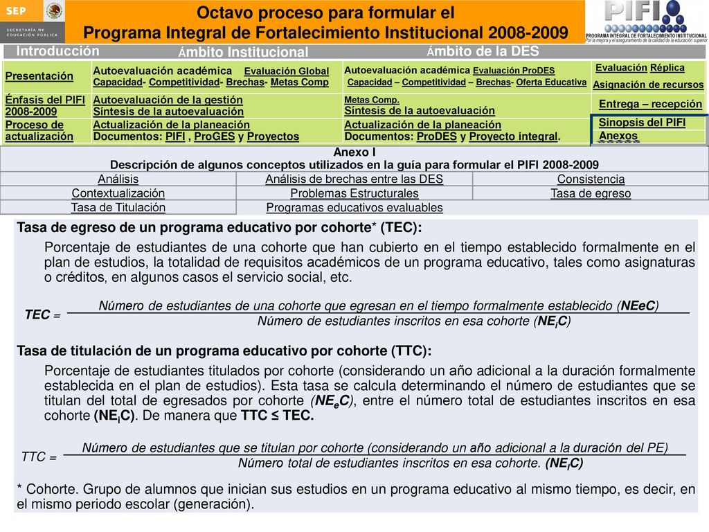 Anexo I Descripción de algunos conceptos utilizados en la guía para formular el PIFI Análisis.