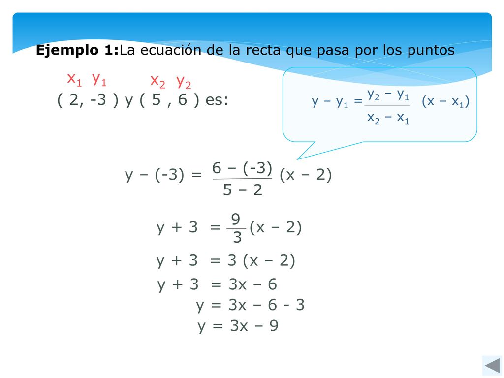 x1 y1 x2 y2 ( 2, -3 ) y ( 5 , 6 ) es: 6 – (-3) y – (-3) = (x – 2) 9