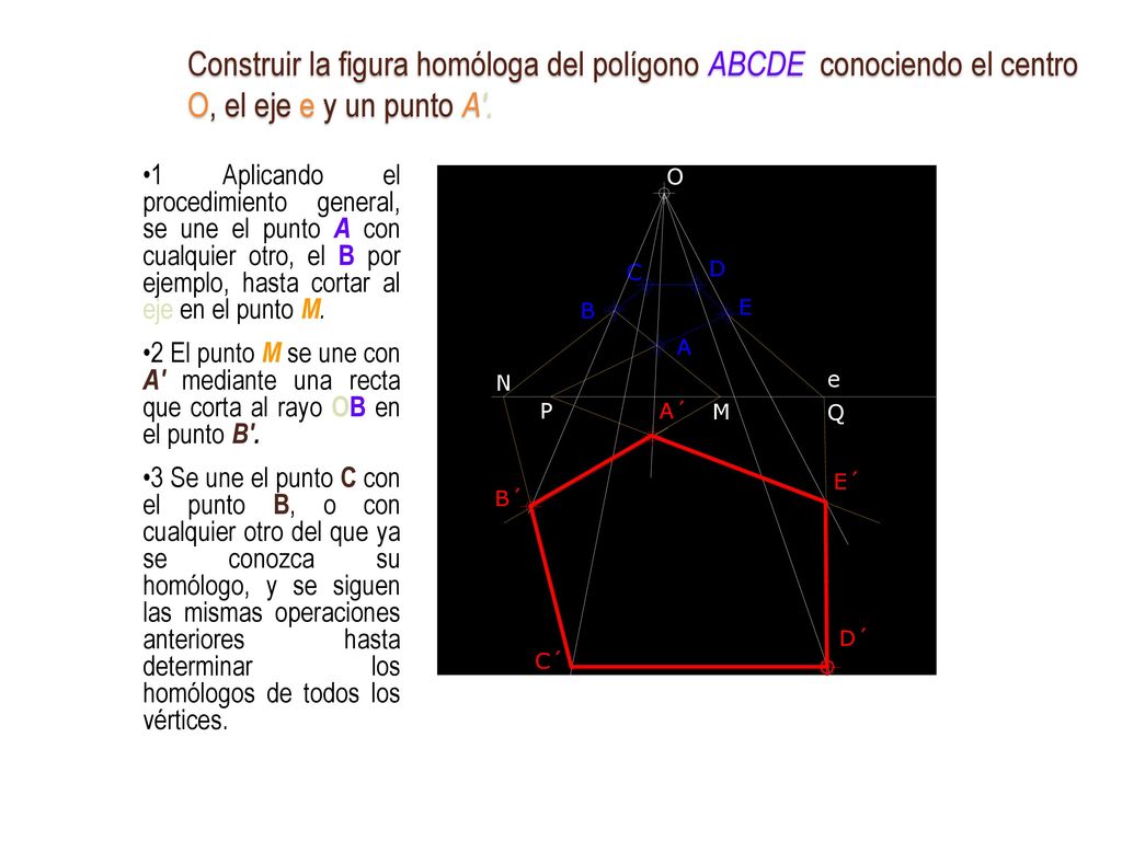 Construir la figura homóloga del polígono ABCDE conociendo el centro O, el eje e y un punto A .