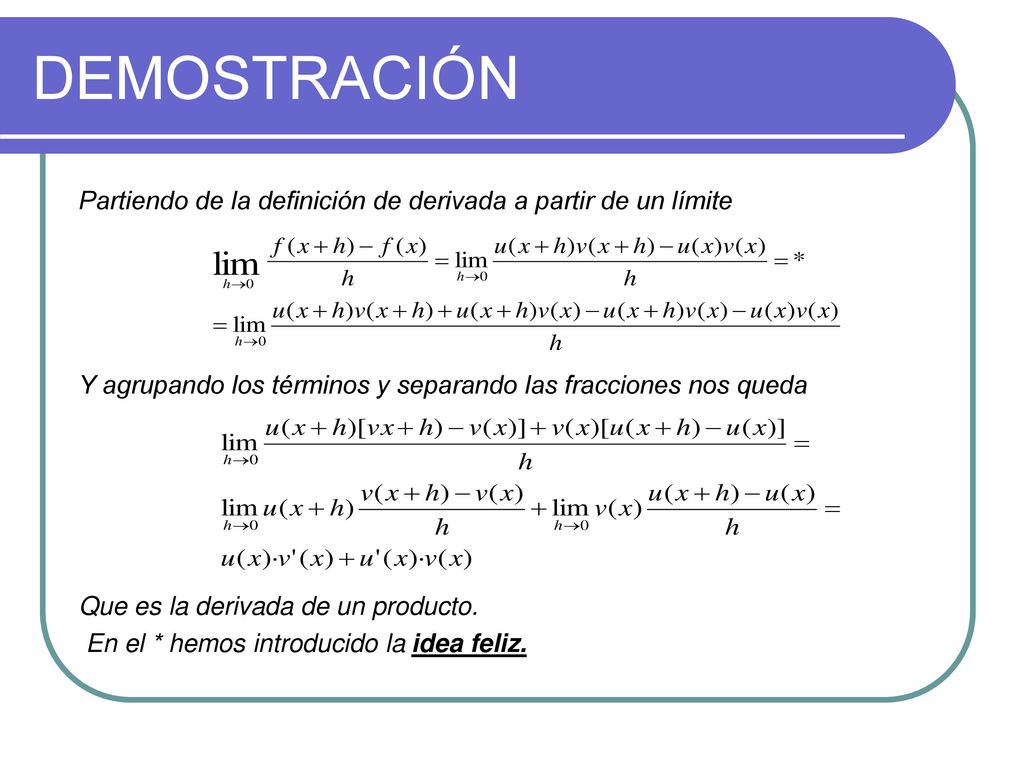 DEMOSTRACIÓN Partiendo de la definición de derivada a partir de un límite. Y agrupando los términos y separando las fracciones nos queda.