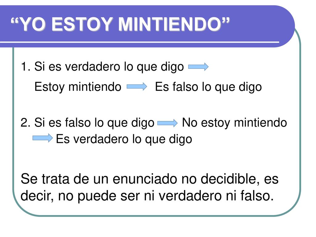 YO ESTOY MINTIENDO 1. Si es verdadero lo que digo. Estoy mintiendo Es falso lo que digo.