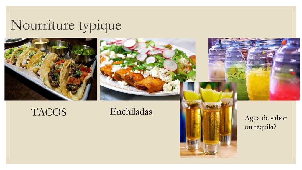 Nourriture typique TACOS Enchiladas Agua de sabor ou tequila