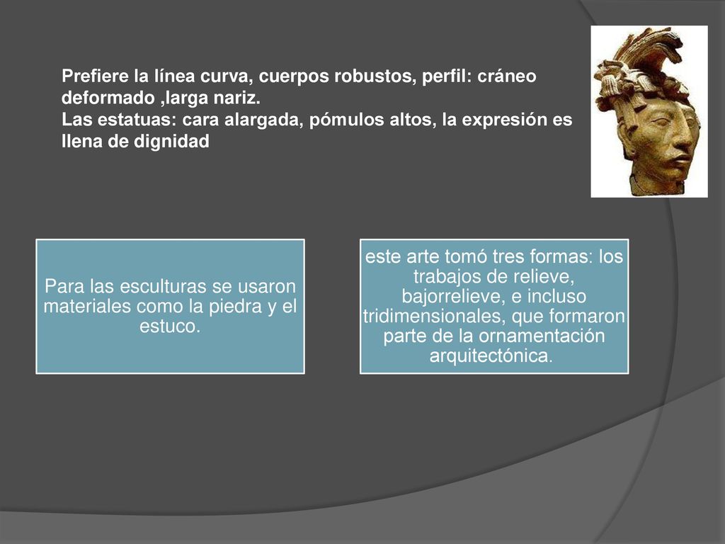 Para las esculturas se usaron materiales como la piedra y el estuco.