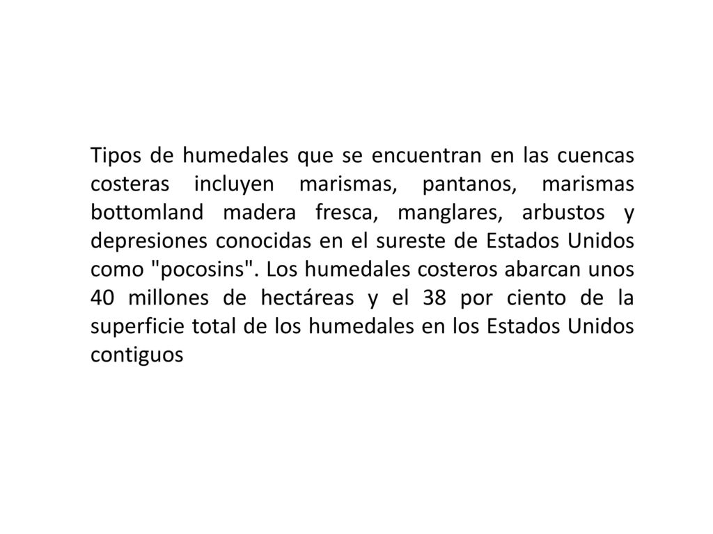 Tipos de humedales que se encuentran en las cuencas costeras incluyen marismas, pantanos, marismas bottomland madera fresca, manglares, arbustos y depresiones conocidas en el sureste de Estados Unidos como pocosins .