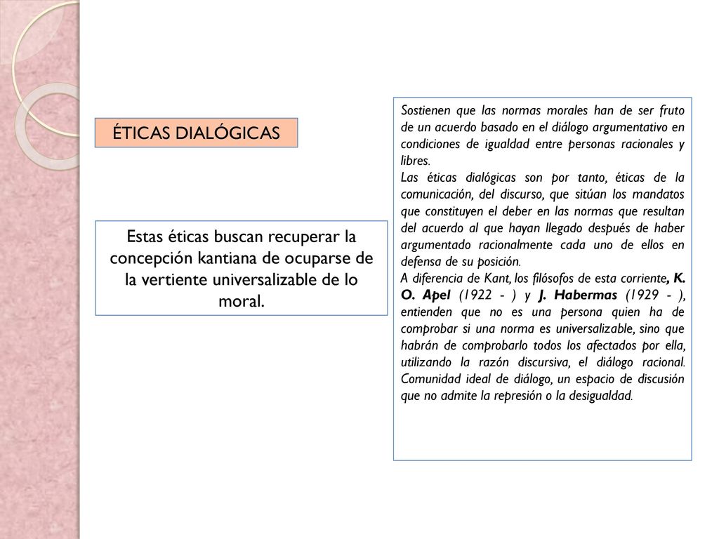 Sostienen que las normas morales han de ser fruto de un acuerdo basado en el diálogo argumentativo en condiciones de igualdad entre personas racionales y libres.