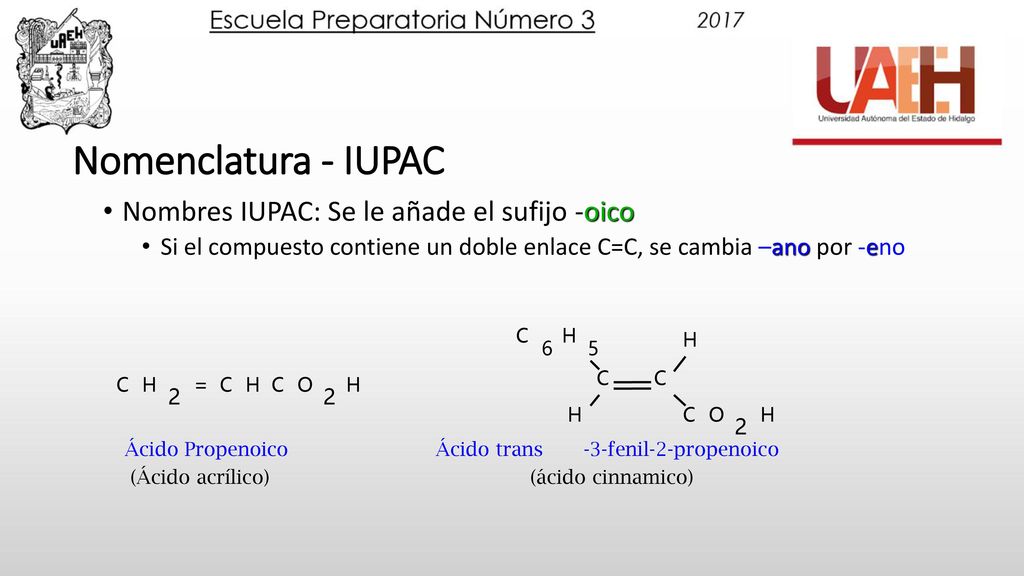 Nomenclatura - IUPAC Nombres IUPAC: Se le añade el sufijo -oico