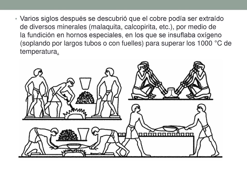 Varios siglos después se descubrió que el cobre podía ser extraído de diversos minerales (malaquita, calcopirita, etc.), por medio de la fundición en hornos especiales, en los que se insuflaba oxígeno (soplando por largos tubos o con fuelles) para superar los 1000 °C de temperatura.