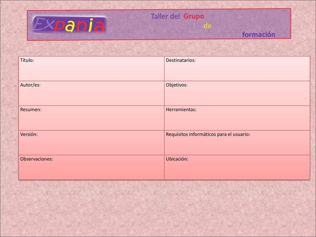 Taller del Grupo de formación Título: Destinatarios: Autor/es: