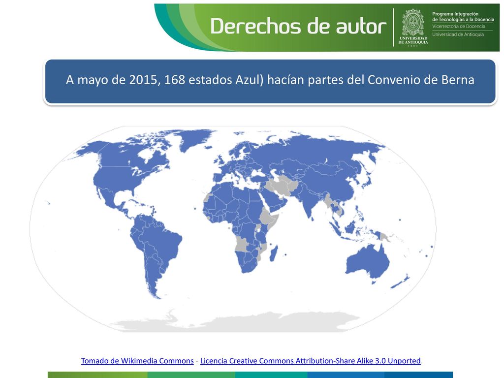 A mayo de 2015, 168 estados Azul) hacían partes del Convenio de Berna