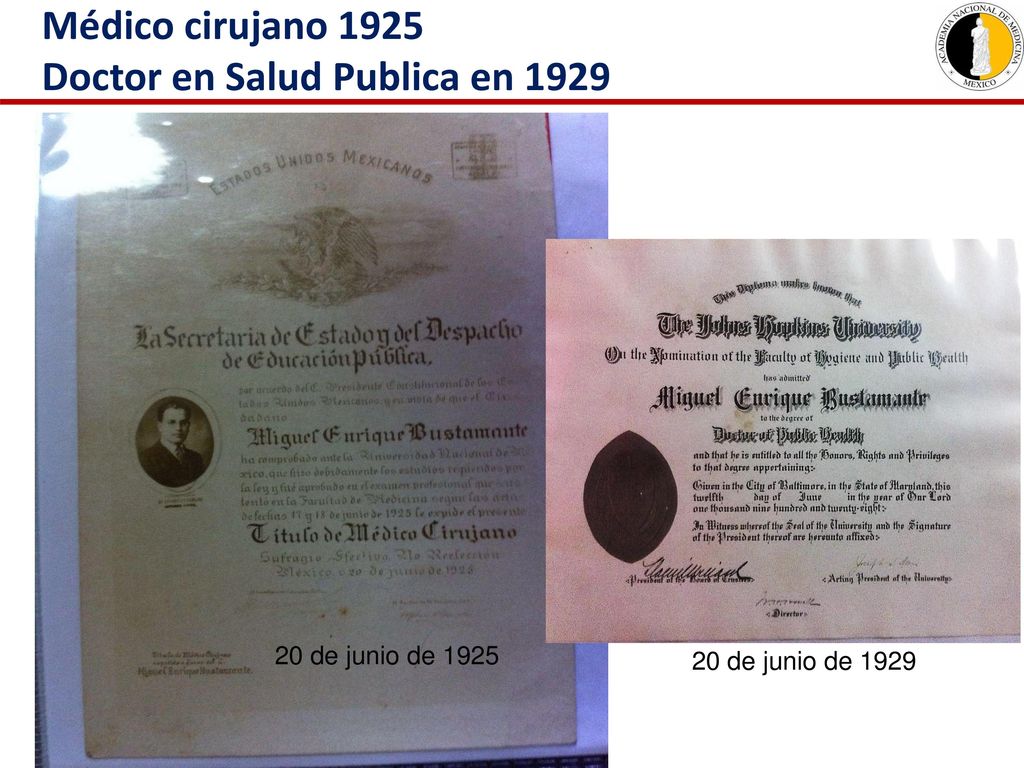 Médico cirujano 1925 Doctor en Salud Publica en 1929