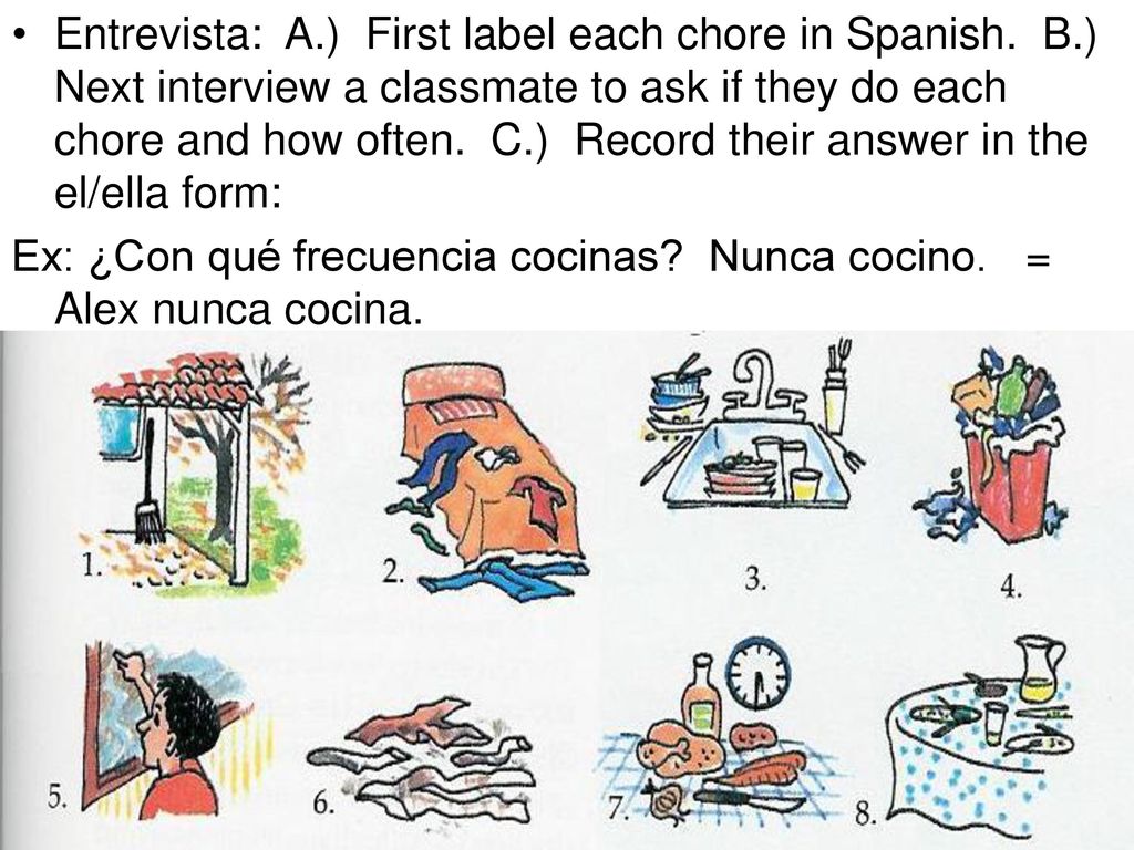 Entrevista: A. ) First label each chore in Spanish. B