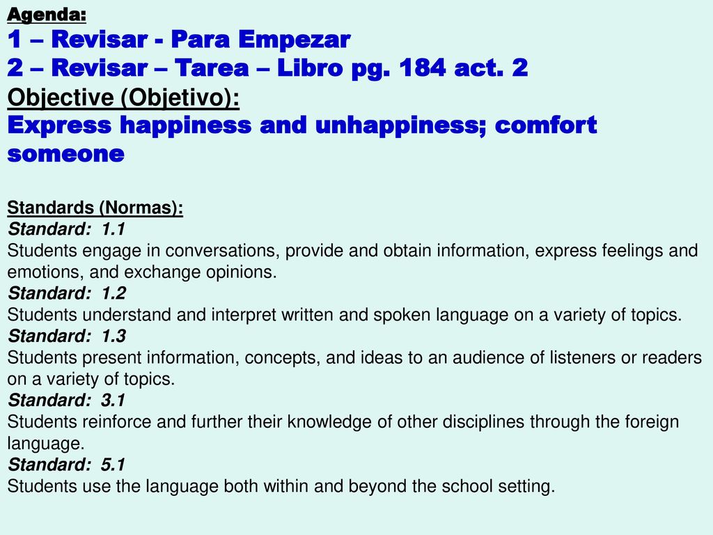 1 – Revisar - Para Empezar 2 – Revisar – Tarea – Libro pg. 184 act. 2