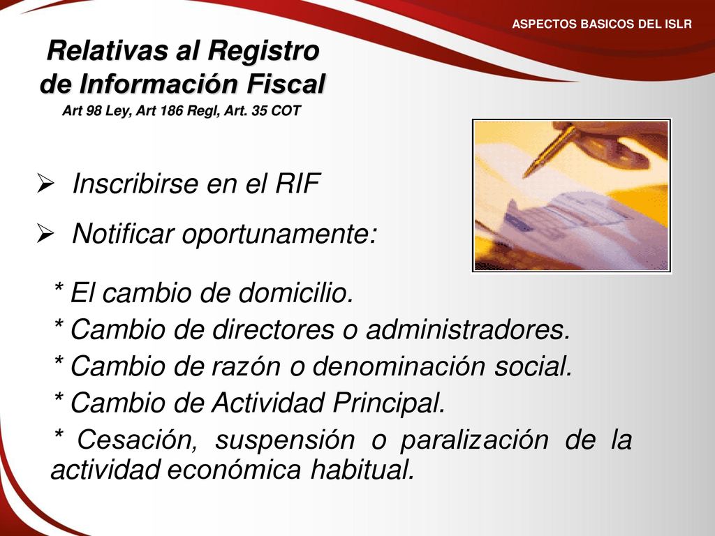 ASPECTOS BASICOS DEL ISLR Relativas al Registro de Información Fiscal