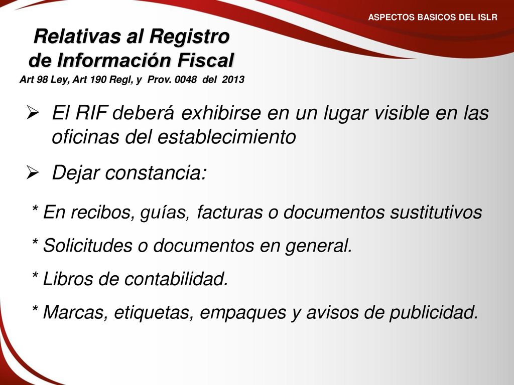 ASPECTOS BASICOS DEL ISLR Relativas al Registro de Información Fiscal